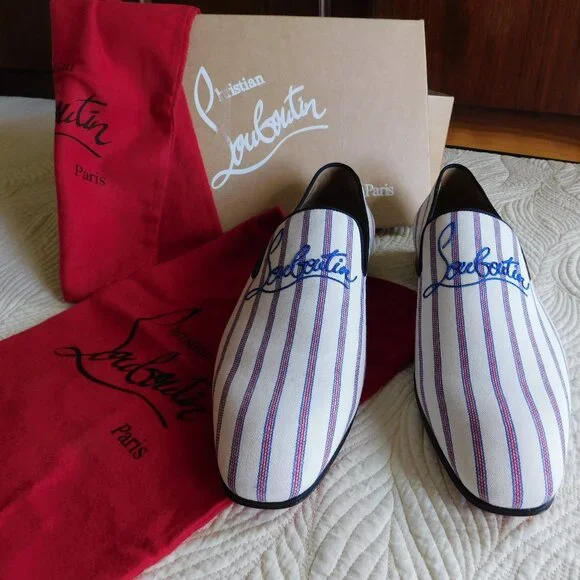 NIB Louboutin Dandelion slip on embroidered loafer Pic Nic stripe toile flat 43 - Picture 6 of 16